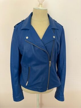 Doma Blue Leather Moto Jacket with Asymmetric Zip